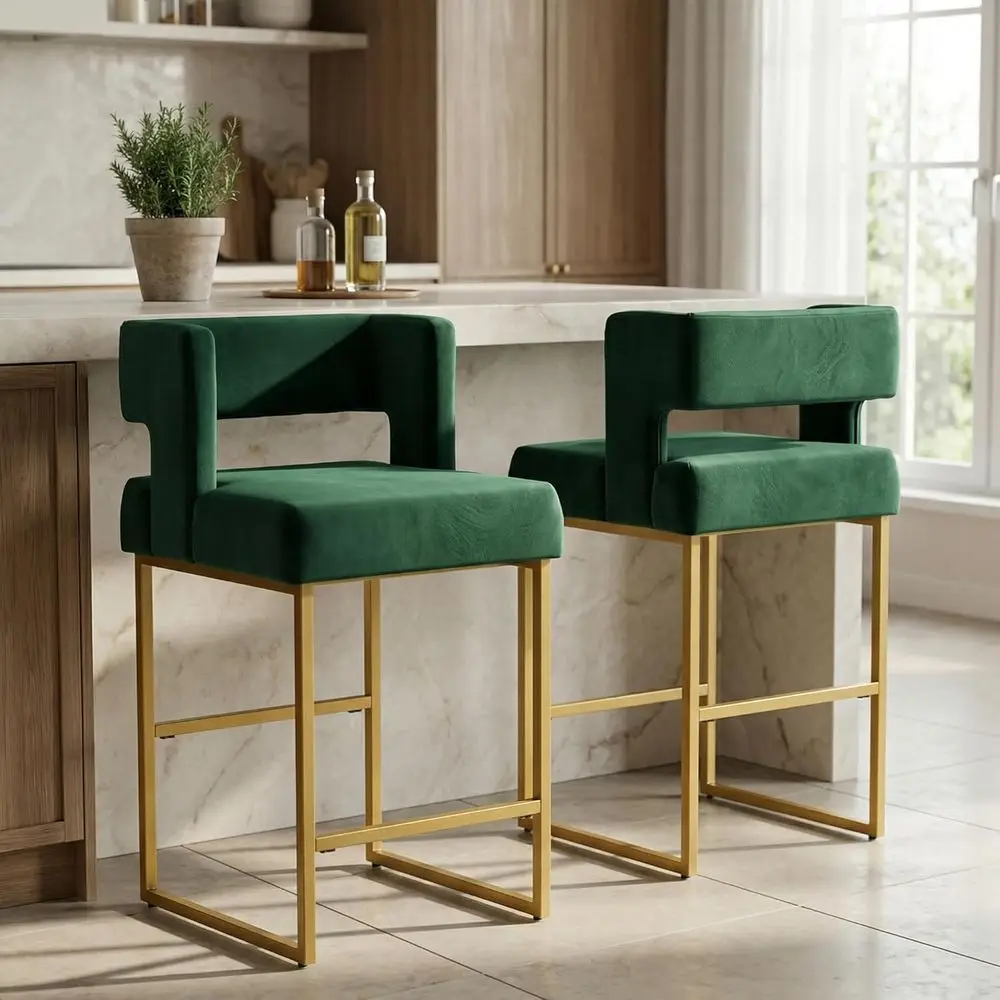 Home Bar Stools - Zestaw 2 zielonych aksamitnych stołków barowych